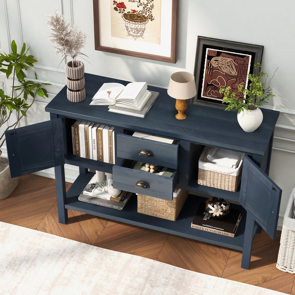 Solid Wood Sideboard Console Table w/ 2 Drawers, Cabinet, Navy Blue