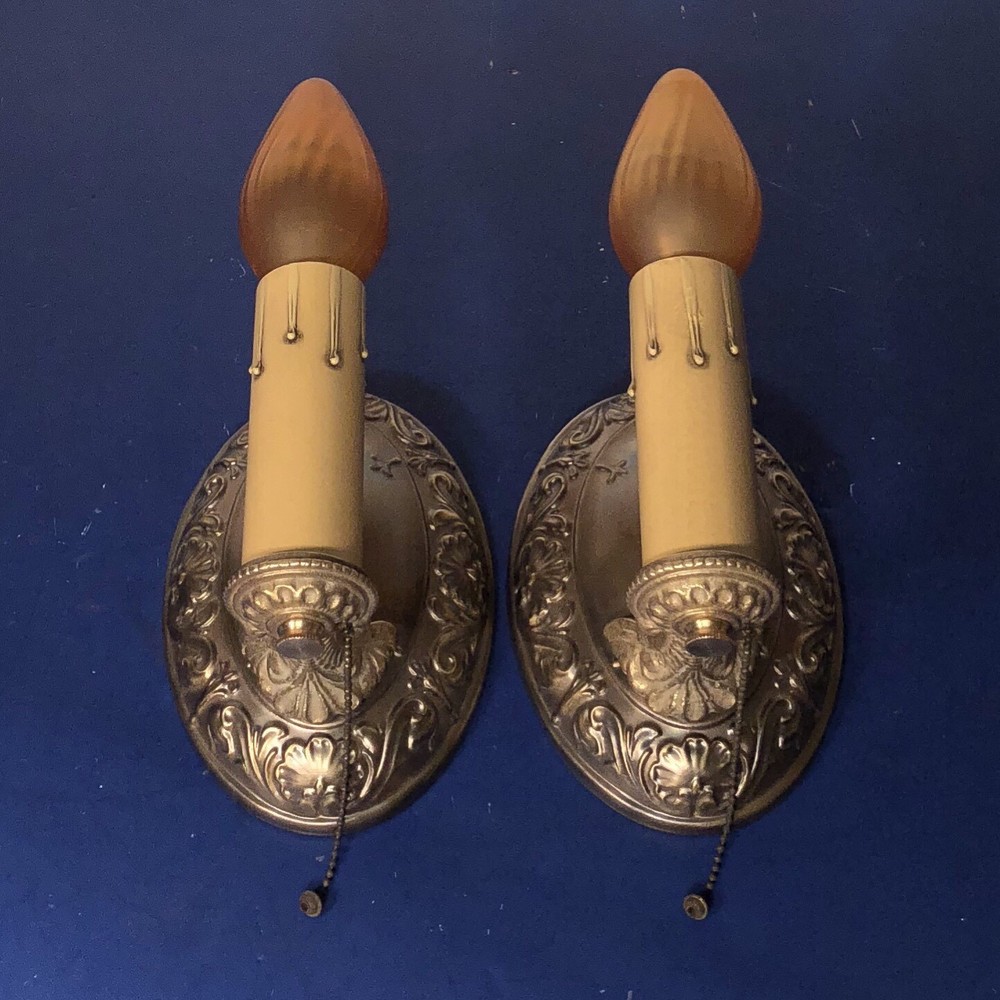 Wired Pair Antique Early Brass Sconces With Rare Pull chain Candle Switch 99A