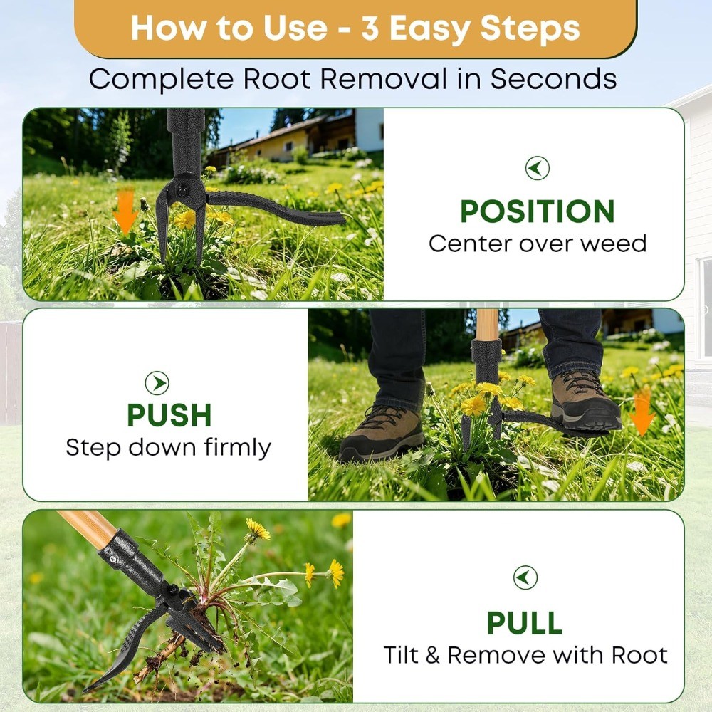 46" Stand Up Weed Puller, Long Handle Root Remover with Hand Weeder