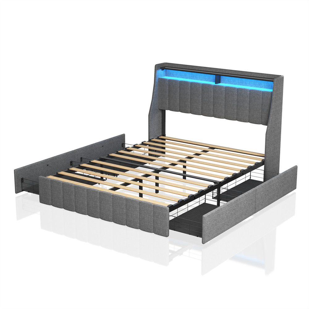 Queen Size Bed Frame Upholstered Platform Bed w/ LED Lights Headboard & 4 Drawer