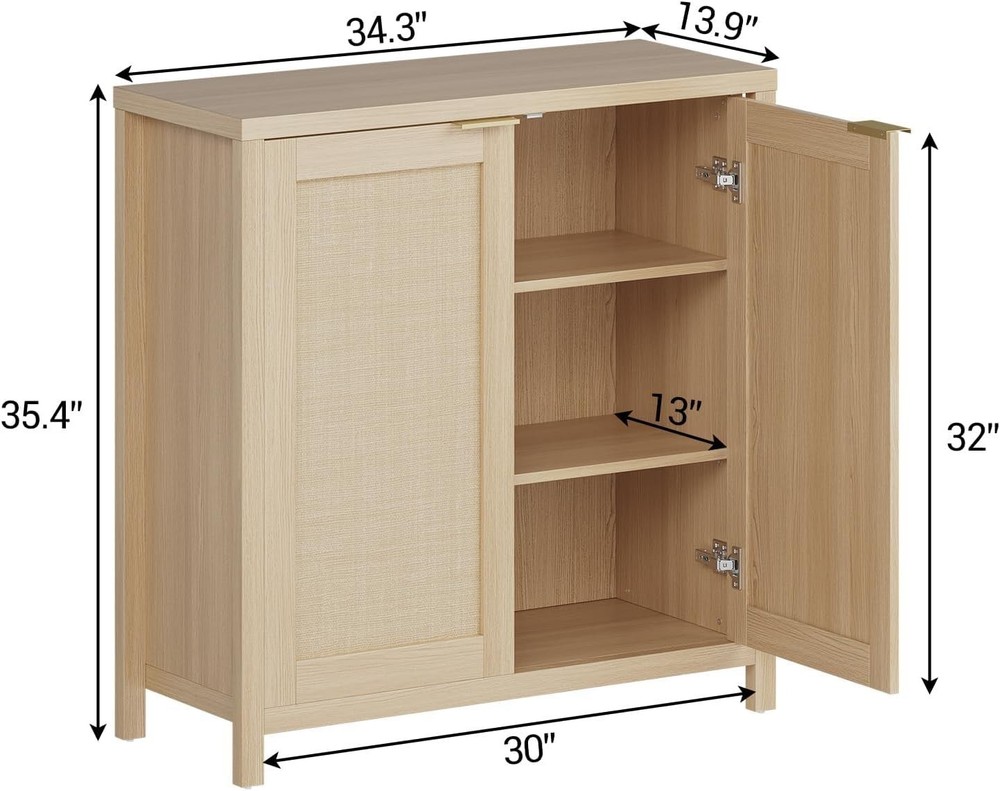 Rattan Sideboard Buffet Cabinet W/ Large Storage & Adjustable Shelves Boho