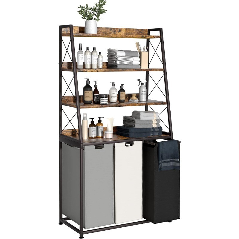 Basket, 3 Section Laundry Hamper with 4 Tiers Shelf, Pull-Out