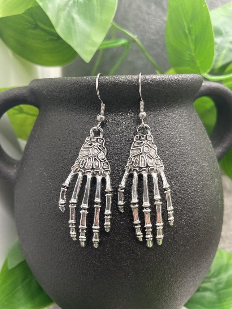 2” Silver-Tone Earring Set Skeleton Hands Boho Dangle Drop New Free Ship A3114