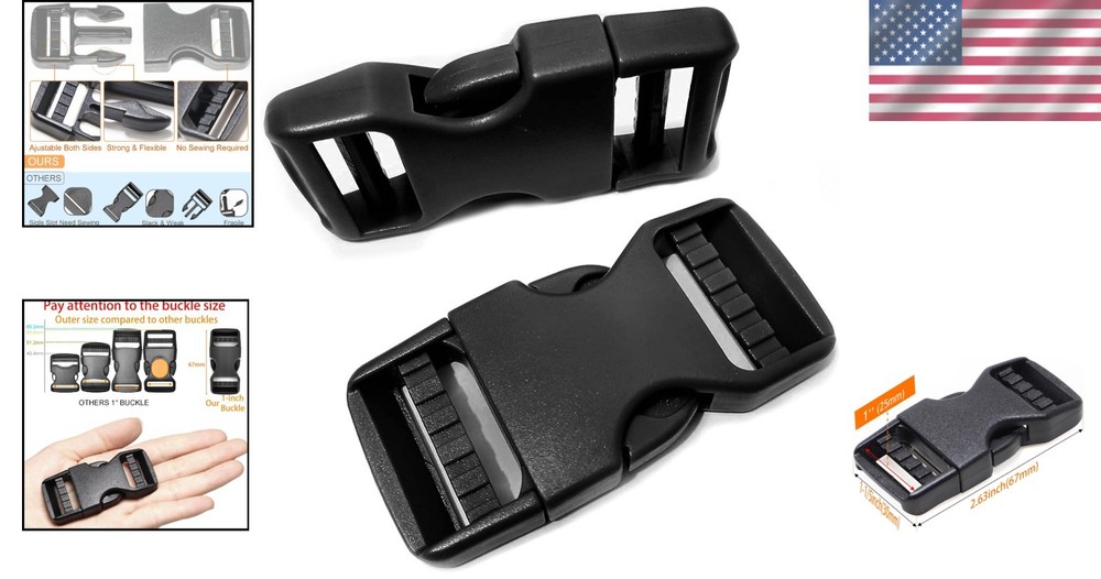 Heavy-Duty 1" Quick Side Release Buckle - Adjustable & No Sewing Required 2-Pack