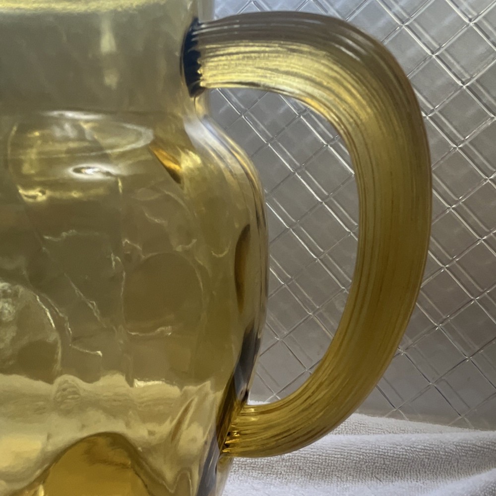 Amber Pressed Glass Pitcher, Glossy Solid Round, Handle, 9 in Height