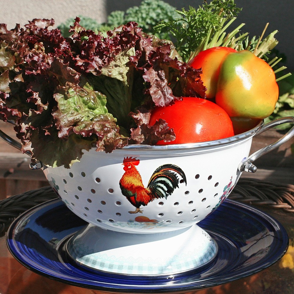 ROOSTER Enameled Colander, Enamelware Draining Strainer Pasta Fruit 2.6 qt