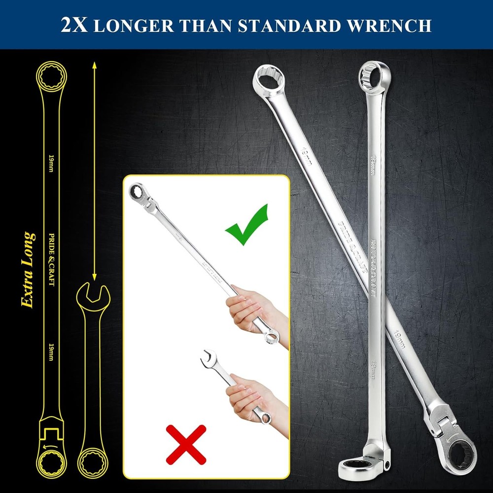 10-Piece Extra Long Ratcheting Wrench Set - Metric Flex Head Double Box End (...
