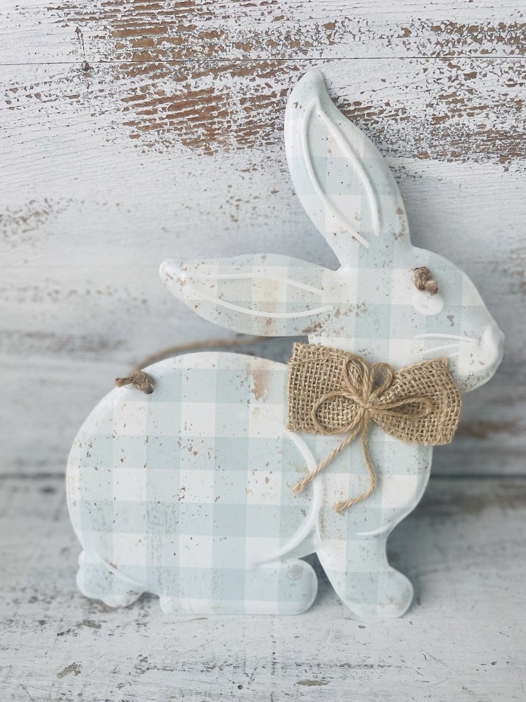 Spring Blue Gingham Hanging Metal Bunny