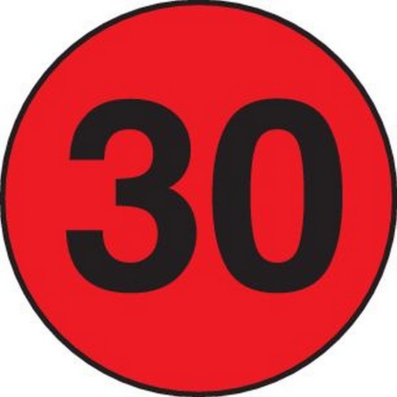 2" Diameter number 30 circle labels (500 per Roll)