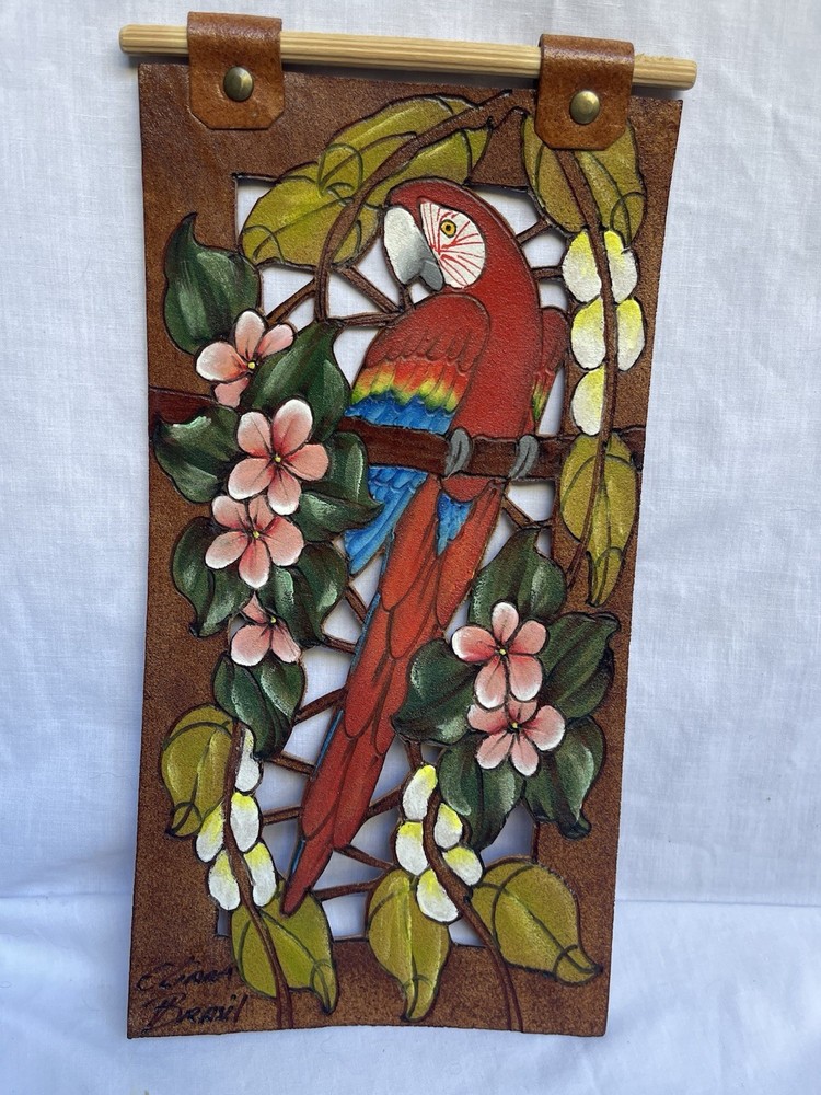Brazil - Tooled and Painted Leather Wall Hanging - Parrot