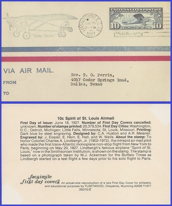 USA3 #C10 ADDR FACSIMILE FDC   Lindberg's Plane