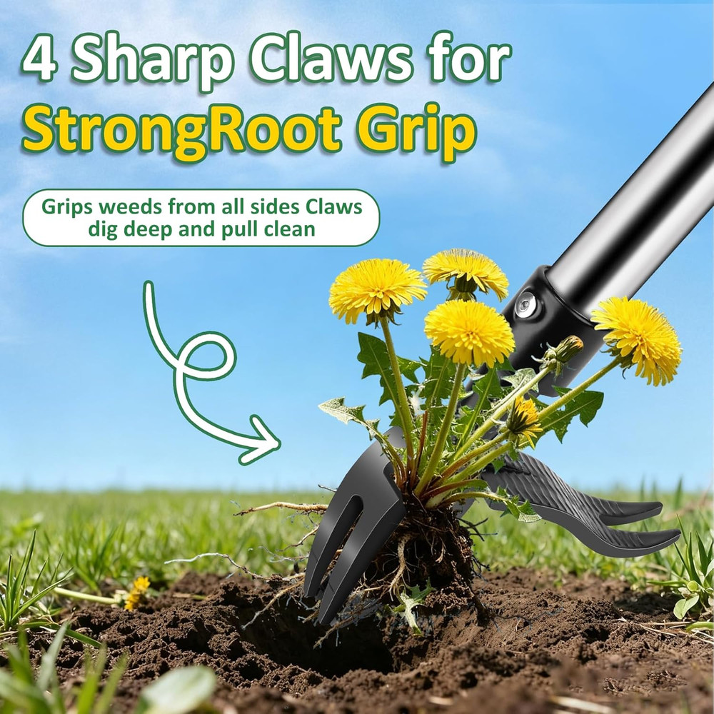 Weed Puller Tool - Adjustable Upright Weeder, 4 Claw Long-Handled Weeding Tool,