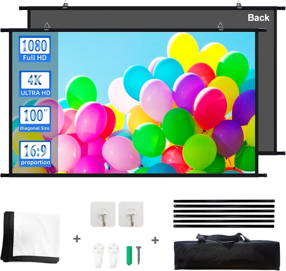 Projection Screen Black Backing 16: 9 Hanging Projector 100" Indoor...