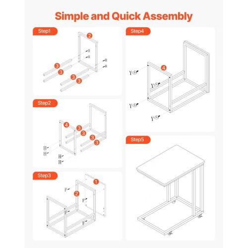 C Table, C Shaped Sofa Side Table with Metal Frame Rolling Casters, Portable C