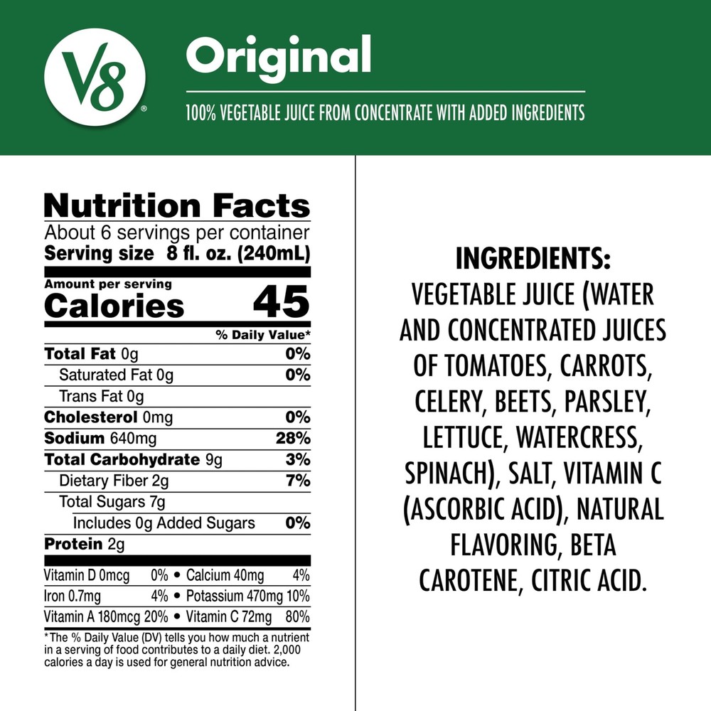 Original 100% Vegetable Juice, 46 fl oz Bottle (6 Pack)