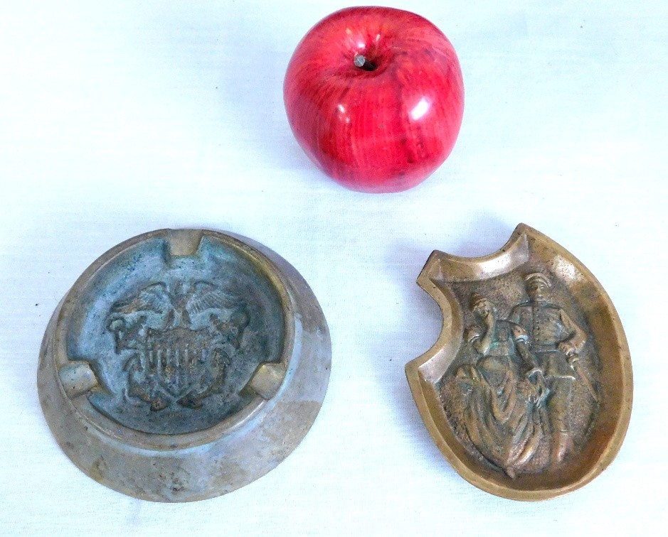 Two Early 20th C. Solid Brass Ashtrays - US Eagle Shield & Naughty Officer