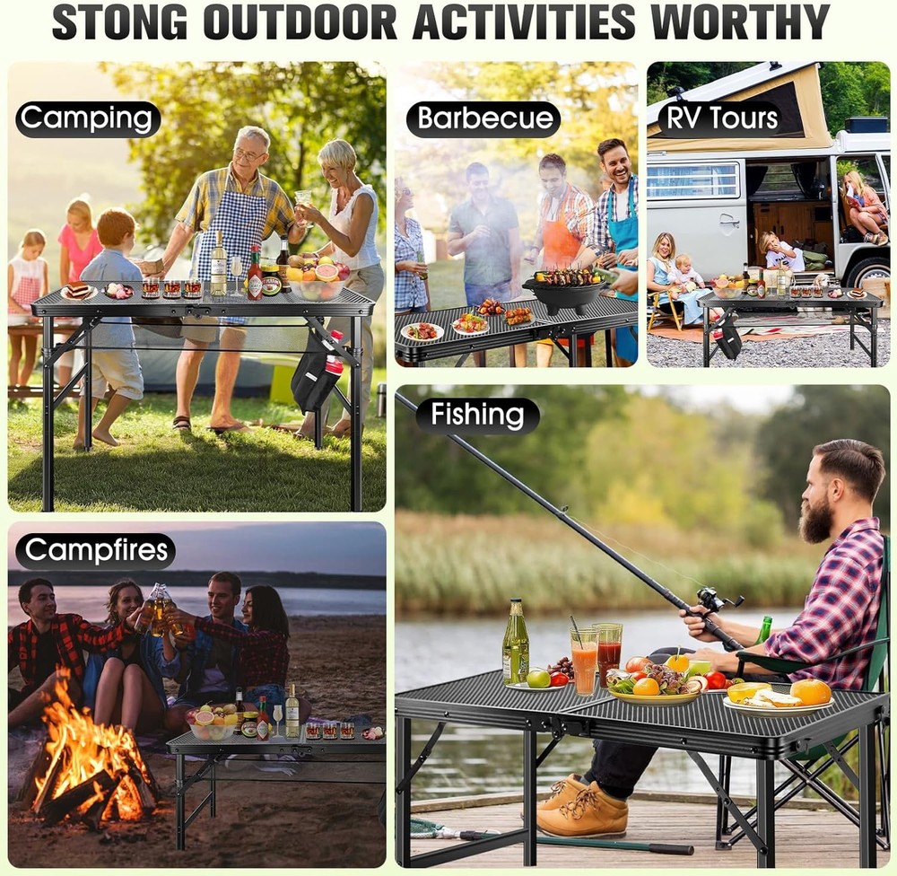 Upgraded Folding Grill Table - Metal Portable Camping Table, 2 Height Adjustable
