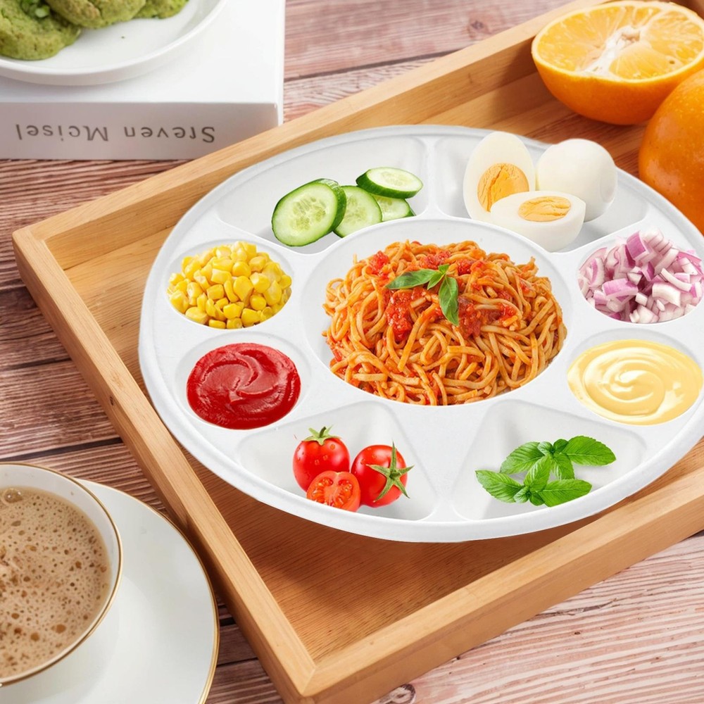 9 Compartment Round Biodegradable Divided Plates, Pack of 100, 12.52" Diameter--