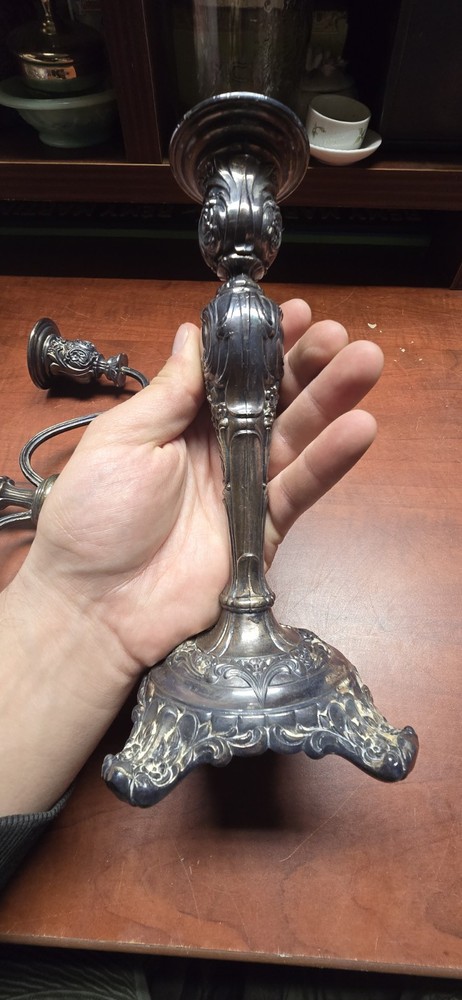 WM Rogers and Son 3 Arm Silver Candlesticks Victorian Rose