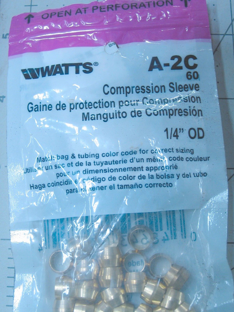 One Pack/25 Brass Compression Sleeves ( WATTS #A-2C)  for 1/4" OD
