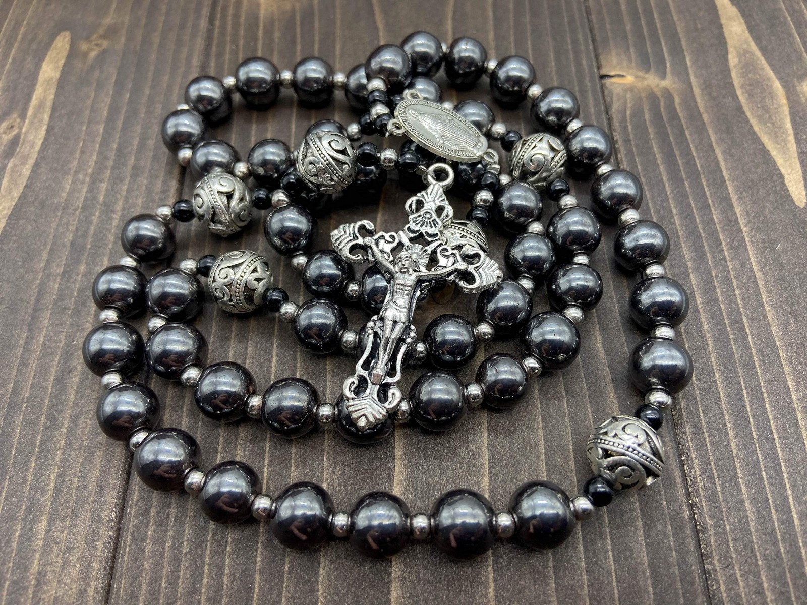 Hematite Rosary Black Stone Beads Metal Beaded Necklace Mary Miraculous Medal