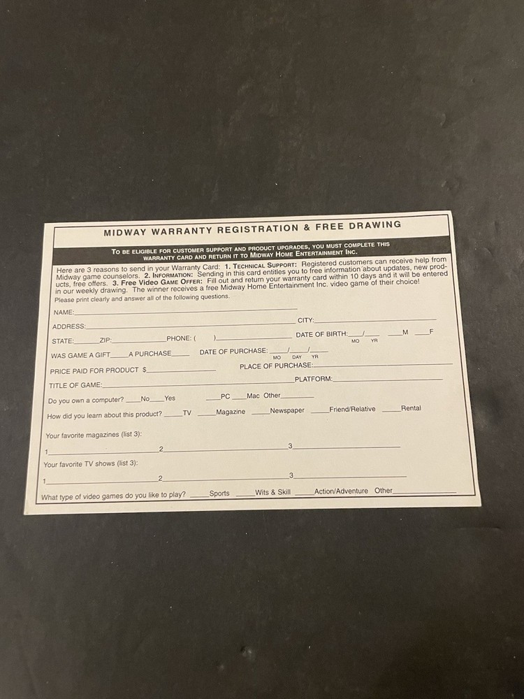 Nintendo midway registration card insert