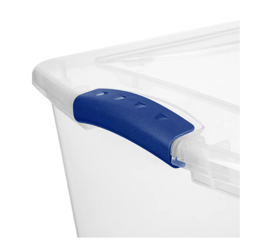 66QT Large Latching Storage Bin, Clear Plastic Container with Blue Lid