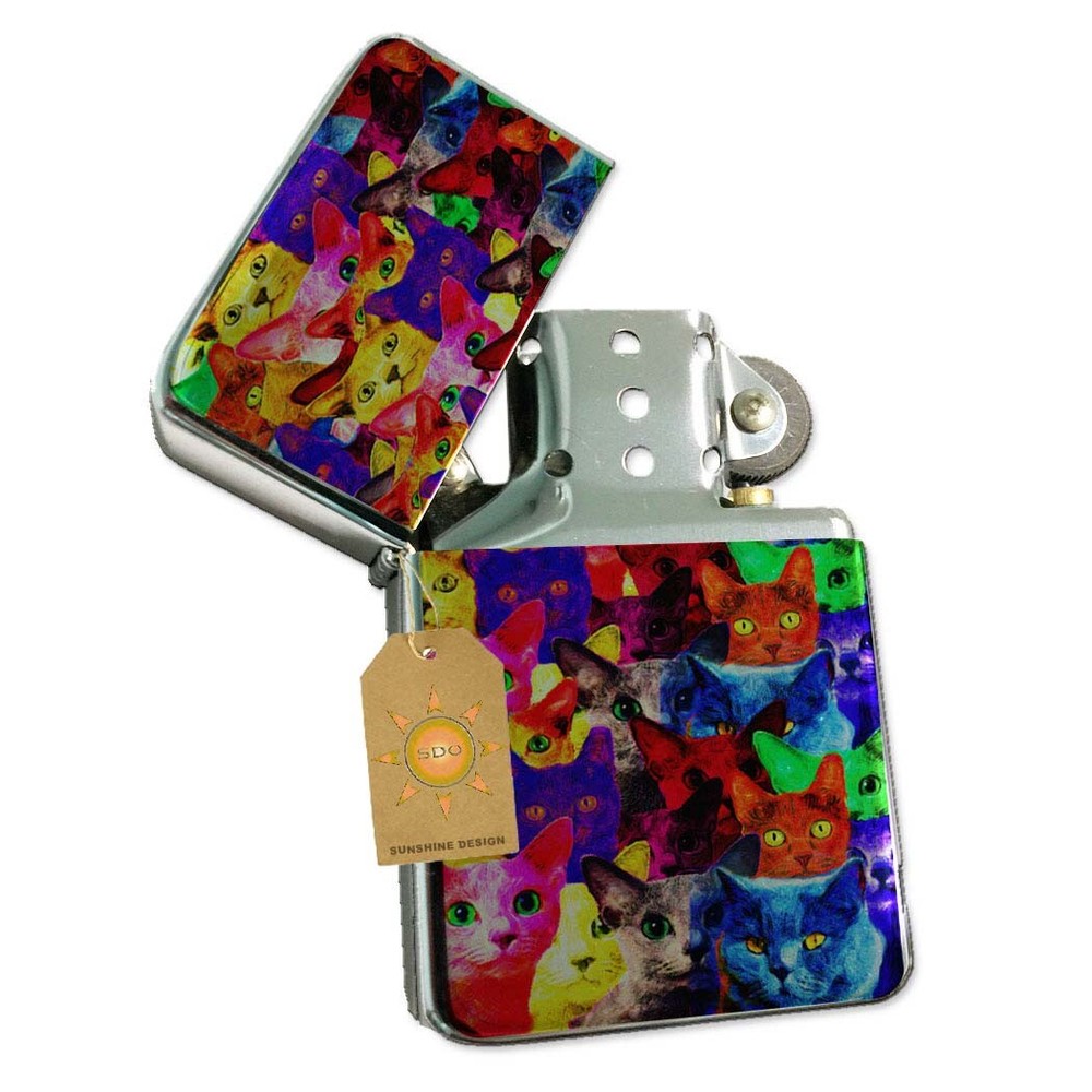 Whacky Cartoon Rainbow Kitties Pocket Lighter Silver