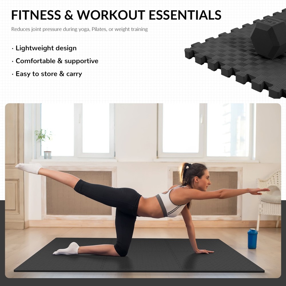 EVA Foam Exercise Mat Tiles, 12-Piece Set, 48 Sq Ft, 1/2" Thick, Interlocking
