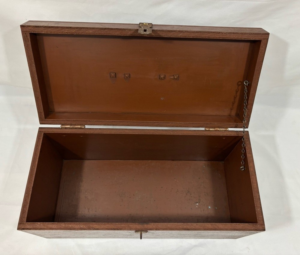 Old Vintage Painted Brown Solid Wood Lidded Tool Box w/Handle 18"W 9"H