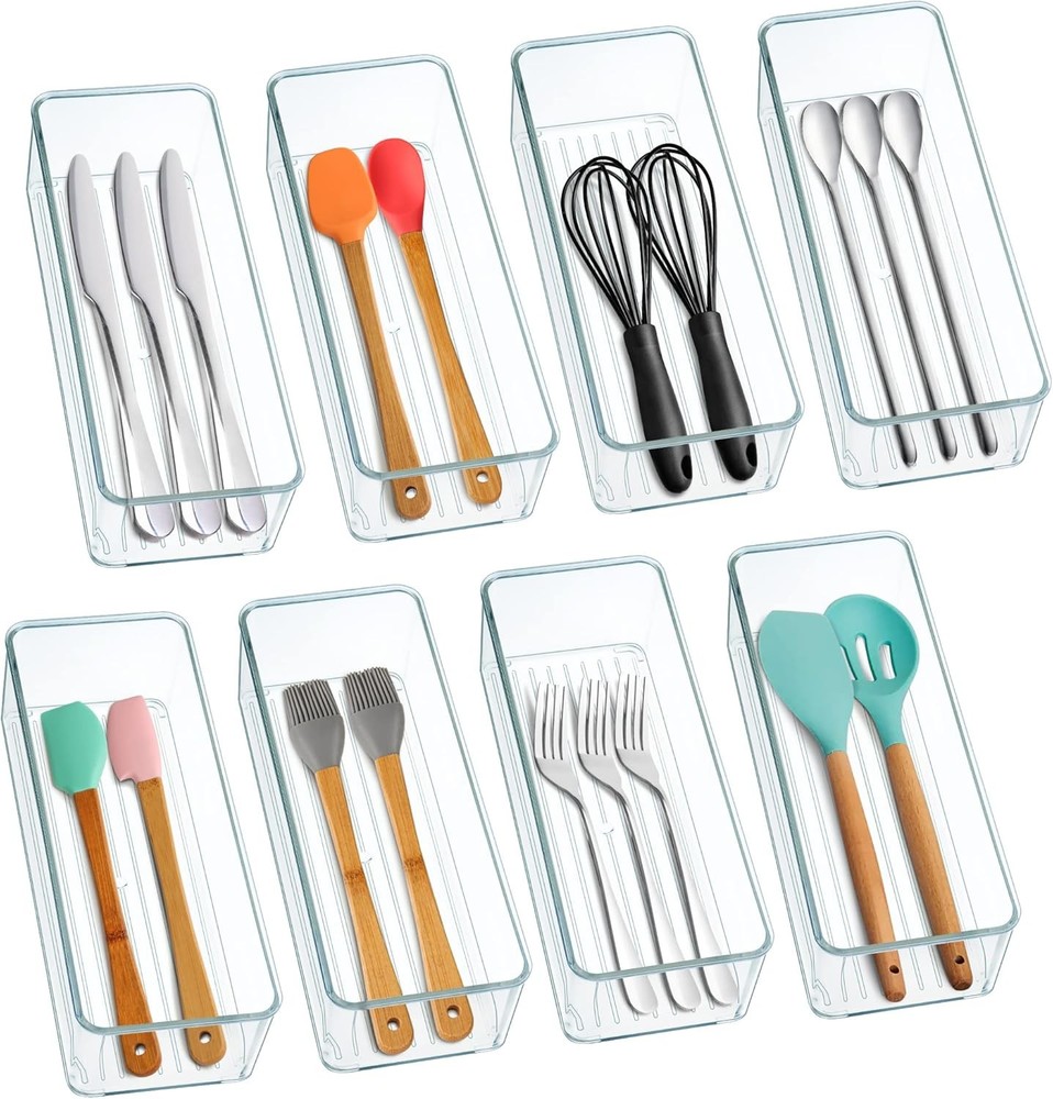 8 Pack Clear Plastic Drawer Organizer Bins Set Stackable Cutlery Storage Bins