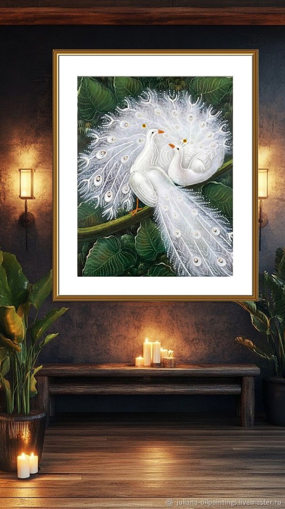 Bead embroidery kit needlepoint DIY Beadwork stitching Two white peacock Beading