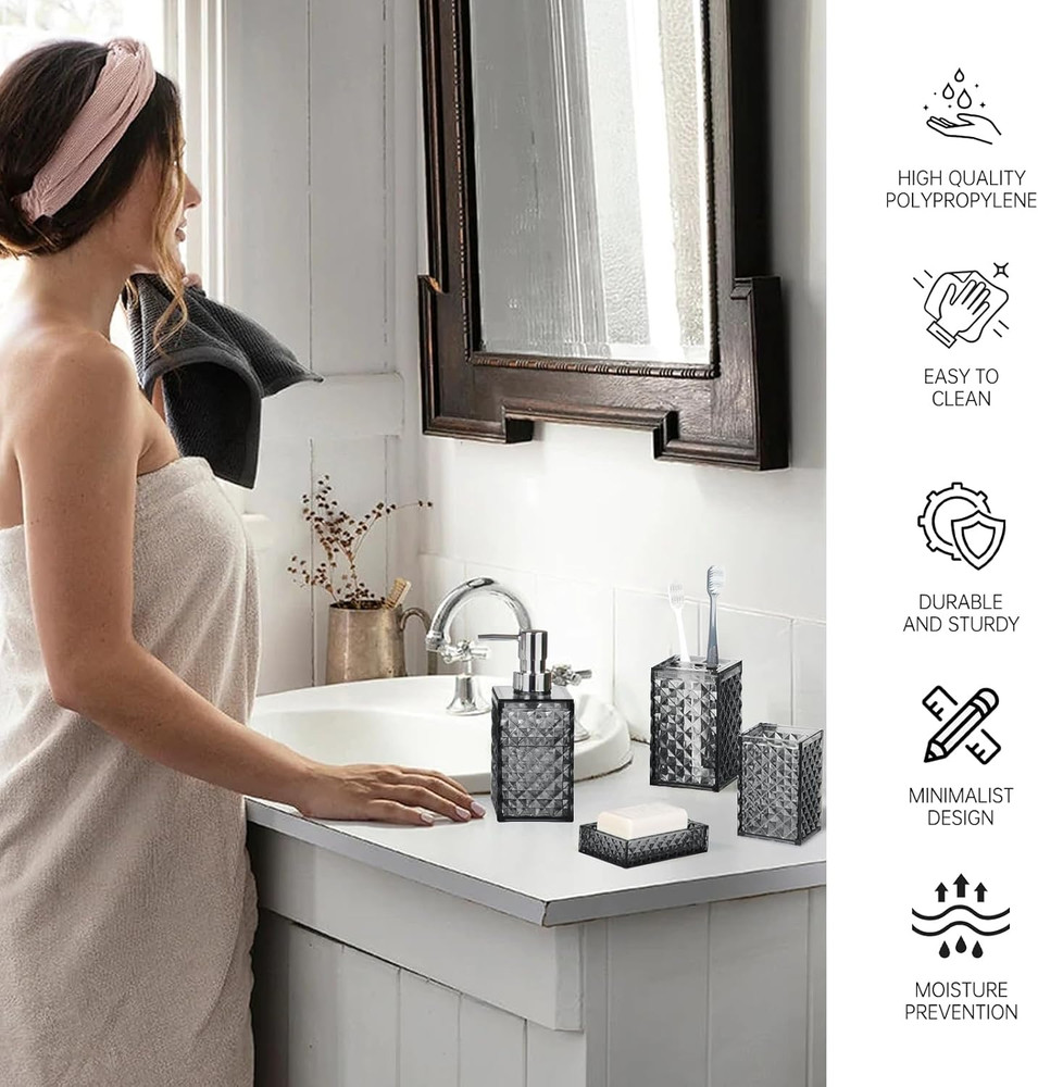 Bathroom Accessory Set, Grid Pattern 5 Pcs Plastic Bathroom Set Include Toilet B