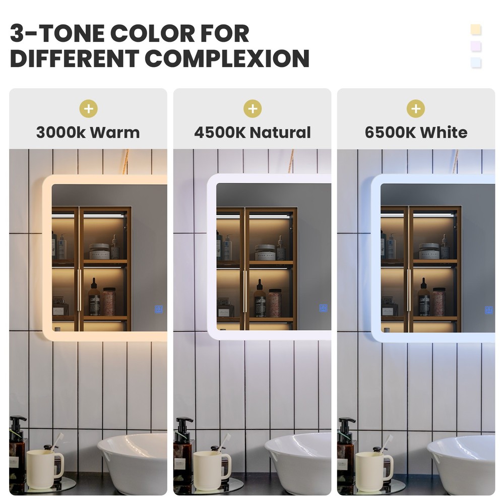 Wall Mounted Rectangle Bathroom LED Mirror Dimmable Touch 3-Color Frameless