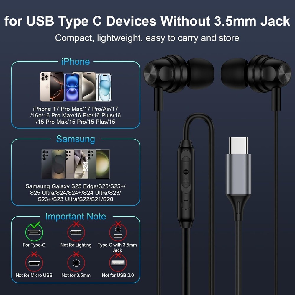 USB-C Wired Earbuds for Google Pixel Devices with Enhanced Comfort