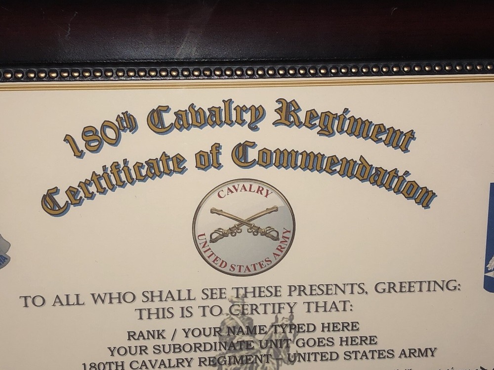 180TH U.S. CAVALRY REGIMENT / COMMEMORATIVE - CERTIFICATE OF COMMENDATION