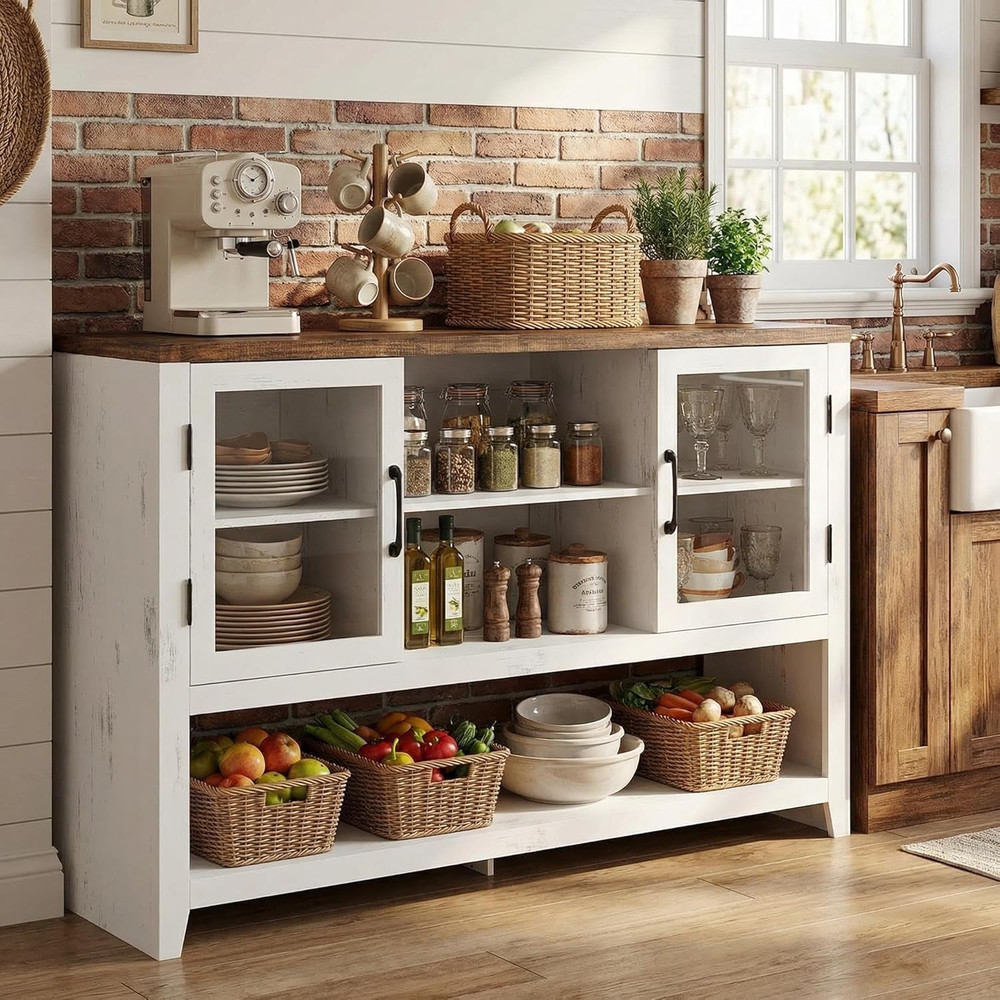 53" Modern Kitchen Buffet Sideboard Cabinet with Glass Doors - White