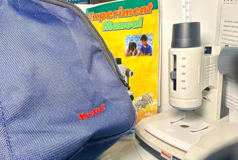 Motic LM-100 Microscope Kit WORKING w Case Sample Slides Tools Student Lab Set