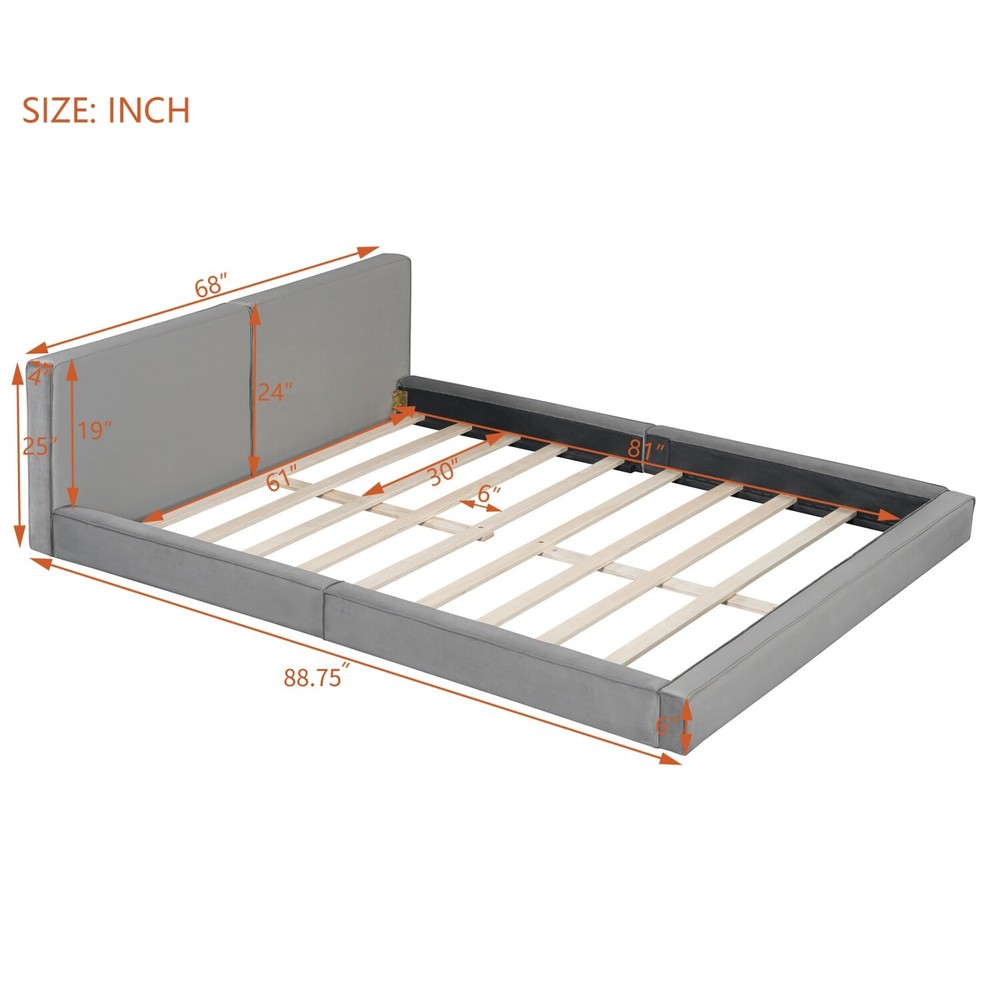 Queen Size Bed Frame Velvet Upholstered Platform Bed w/ Headboard Gray