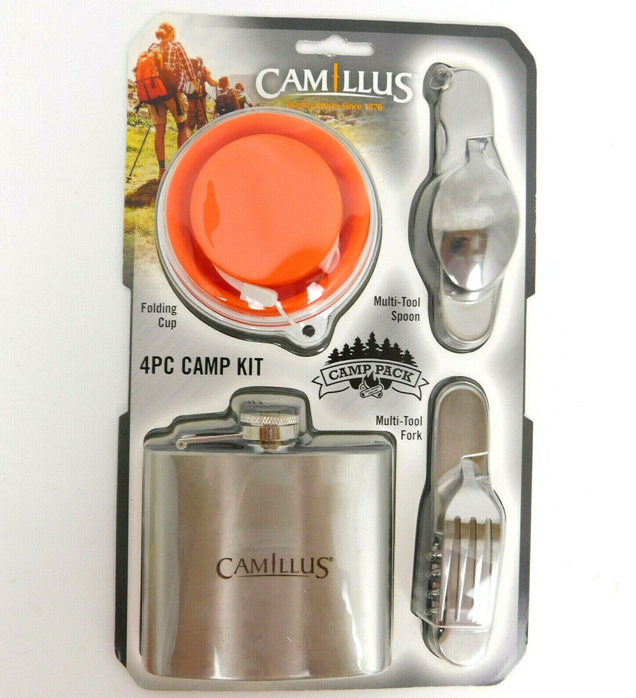 Camillus 4 PIECE CAMP SET (Spoon, Fork / Tool, Flask & Cup) 2 Pc KNIFE COMBO SET