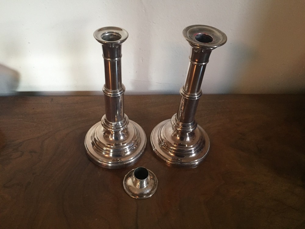 Pair 19th c. Old Sheffield Silver Plate on Copper Telescoping Candlesticks
