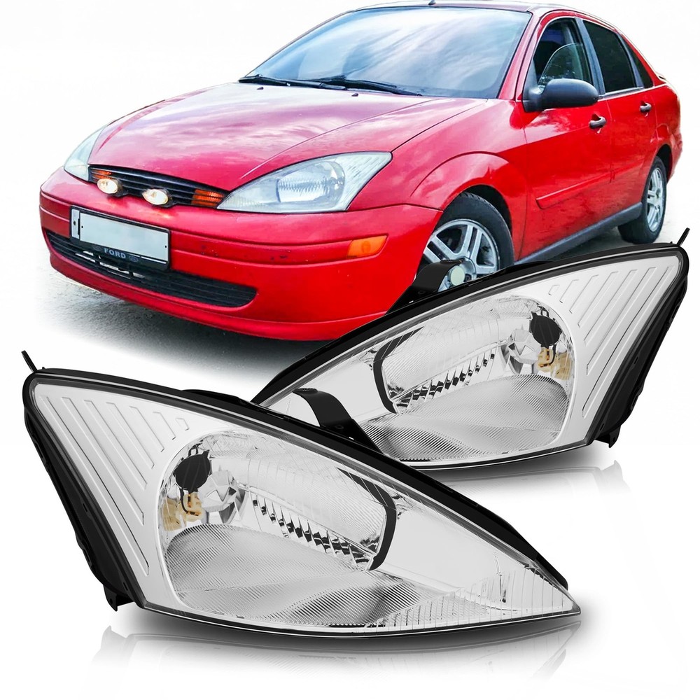 Headlights Assembly for 2000-2004 Ford Focus Chrome Housing Pair