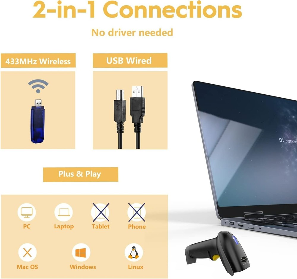 Handheld USB Barcode Scanner Wireless Automatic 1D Bar Code Reader Supermarket