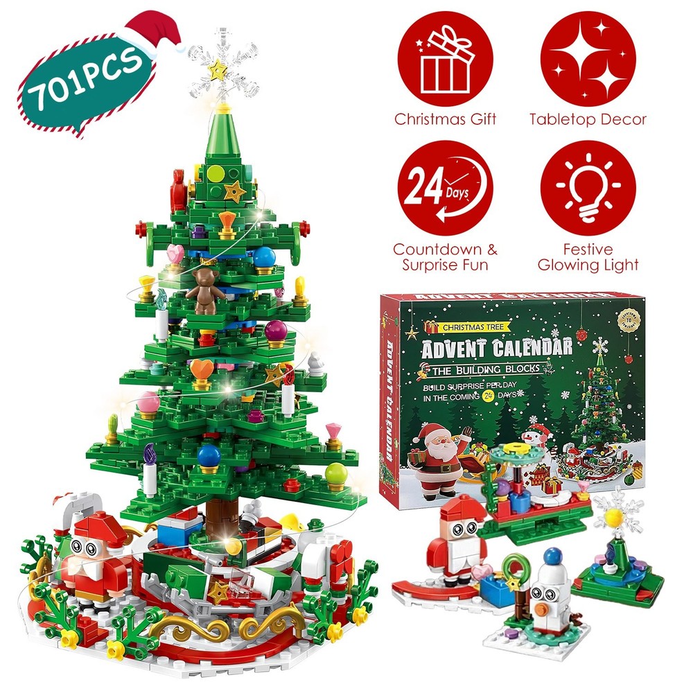 Christmas Tree Building Set W/ LED Light Festive Tabletop Countdown Calendar