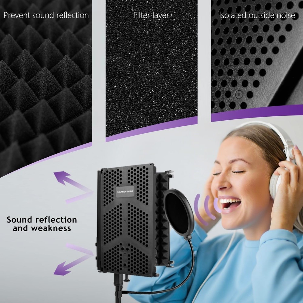 Microphone Isolation Shield with Mic Stand and Pop Filter, Foldable Sound Shield