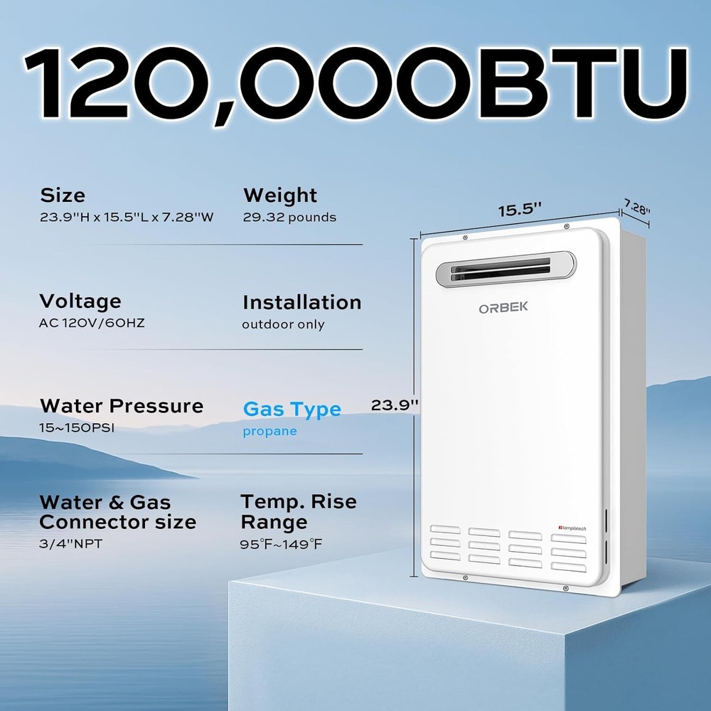 ORBEK 120,000BTU Propane Gas Tankless Water Heater Outdoor 5.1 GPM CSA Certified