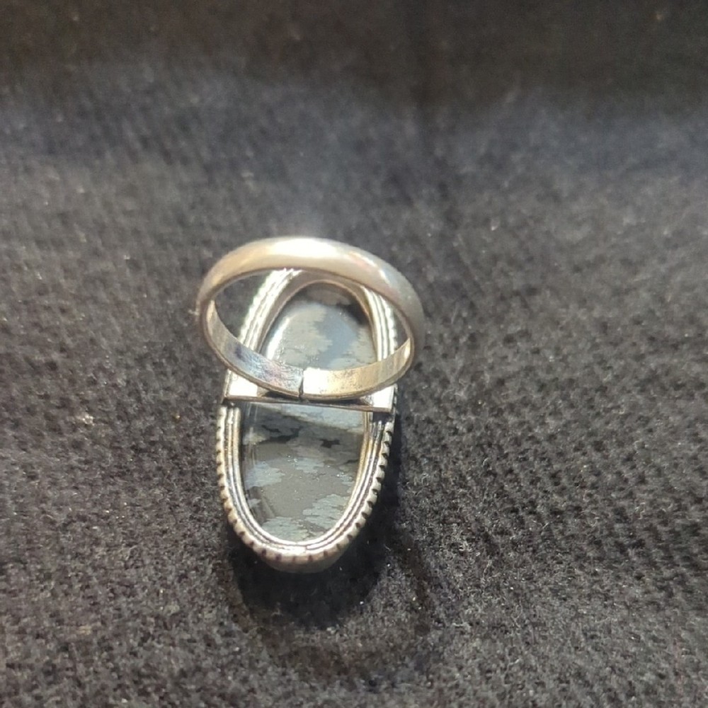 Silver Plated Black And Gray Snowflake Obsidian Gemstone Oval Statement Ring - 7