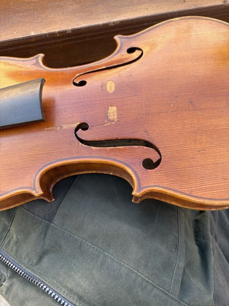 Guarnerius Violin Brown Varnish Finish with Visible Label