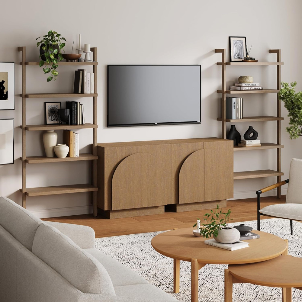 Mid-Century Modern Iris Sideboard & Bookcase Set - Light Brown Wood Storage