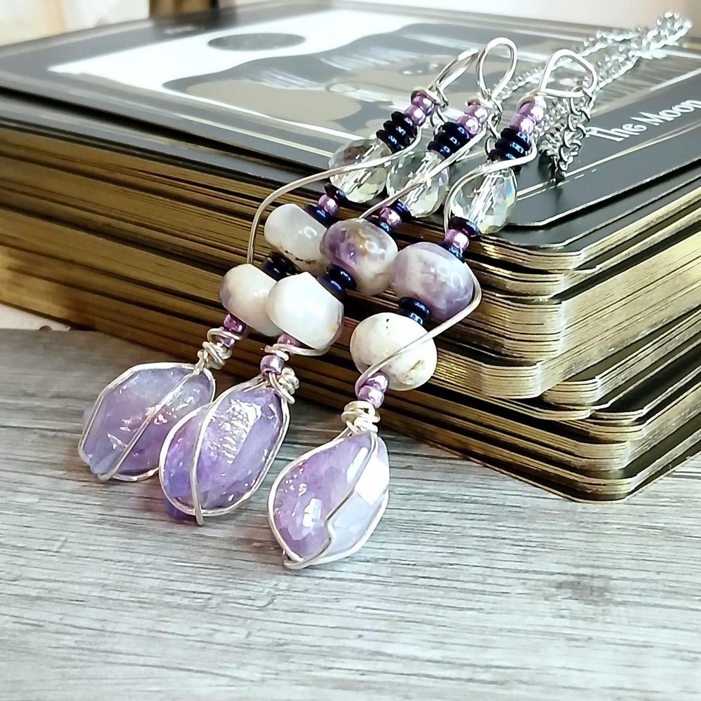 Dowsing Crystal Pendulum, Aura Amethyst Beaded Pendulum, Divination, 9" 1 Piece